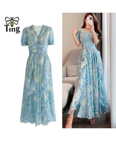 Vintage Painting Artistic Van Gogh Print Ruffles Chiffon Long Party Dresses Women Elegant High Waist A Line Casual Robes $54....