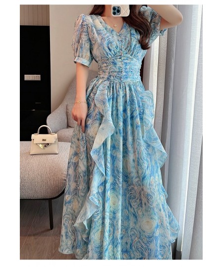 Vintage Painting Artistic Van Gogh Print Ruffles Chiffon Long Party Dresses Women Elegant High Waist A Line Casual Robes $54....