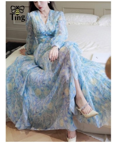 Vintage Painting Artistic Van Gogh Print Ruffles Chiffon Long Party Dresses Women Elegant High Waist A Line Casual Robes $54....