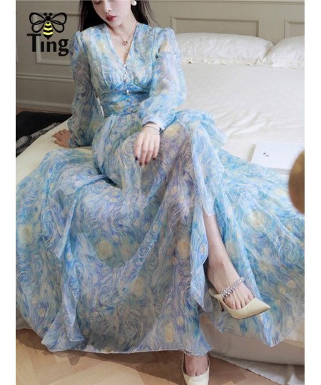 Vintage Painting Artistic Van Gogh Print Ruffles Chiffon Long Party Dresses Women Elegant High Waist A Line Casual Robes $54....