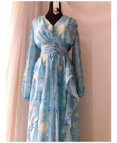 Vintage Painting Artistic Van Gogh Print Ruffles Chiffon Long Party Dresses Women Elegant High Waist A Line Casual Robes $54....