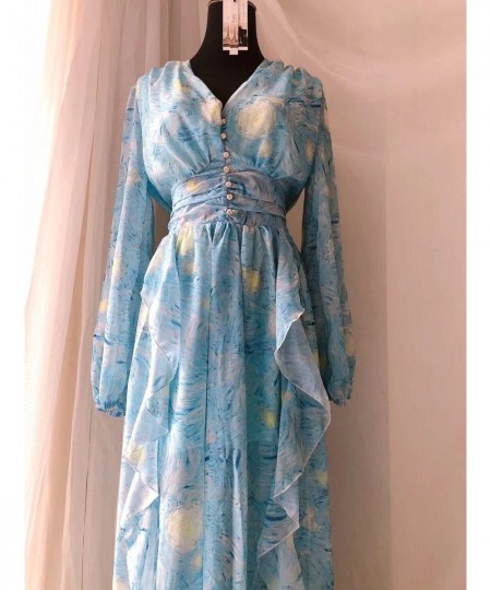 Vintage Painting Artistic Van Gogh Print Ruffles Chiffon Long Party Dresses Women Elegant High Waist A Line Casual Robes $54....