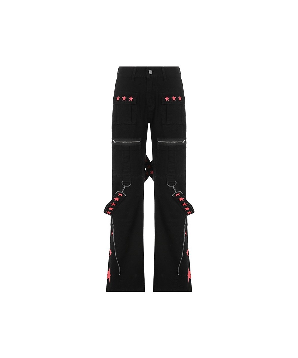 Pentagram Ribbon Jeans Low Waist zipper Punk Style Bandage Wide Leg Pant Women Gothic Harajuku Vintage Hip Hop Denim Trousers...