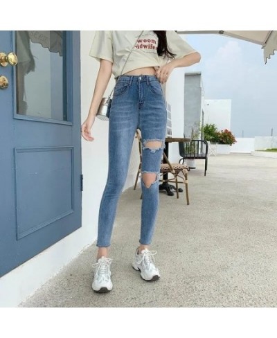 Skinny Jeans Woman White Blue High Waist Ripped Hole Jeans Vintage Sexy Cropped Pants Femme Casual Pencil Pants Denim Jeans $...