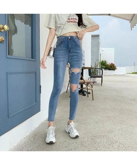 Skinny Jeans Woman White Blue High Waist Ripped Hole Jeans Vintage Sexy Cropped Pants Femme Casual Pencil Pants Denim Jeans $...