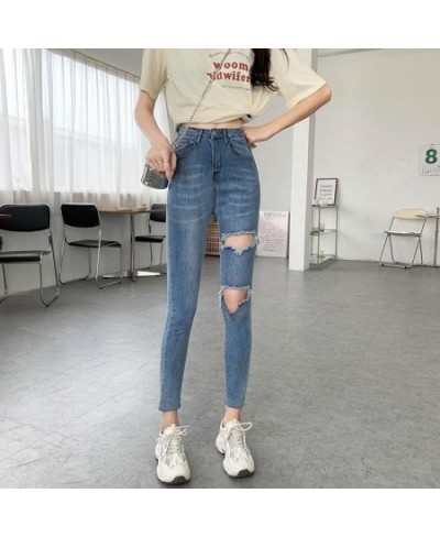 Skinny Jeans Woman White Blue High Waist Ripped Hole Jeans Vintage Sexy Cropped Pants Femme Casual Pencil Pants Denim Jeans $...