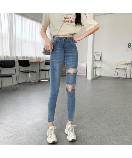 Skinny Jeans Woman White Blue High Waist Ripped Hole Jeans Vintage Sexy Cropped Pants Femme Casual Pencil Pants Denim Jeans $...