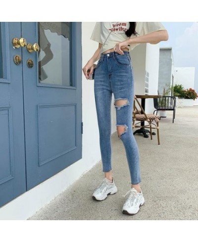 Skinny Jeans Woman White Blue High Waist Ripped Hole Jeans Vintage Sexy Cropped Pants Femme Casual Pencil Pants Denim Jeans $...