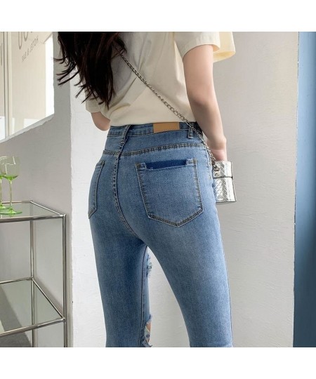 Skinny Jeans Woman White Blue High Waist Ripped Hole Jeans Vintage Sexy Cropped Pants Femme Casual Pencil Pants Denim Jeans $...