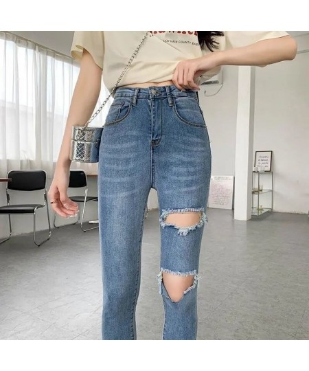 Skinny Jeans Woman White Blue High Waist Ripped Hole Jeans Vintage Sexy Cropped Pants Femme Casual Pencil Pants Denim Jeans $...