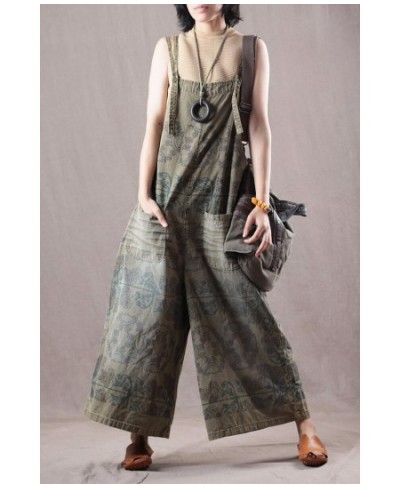 2023 female new autumn plus size literary and leisure cotton print casual bib wide-leg denim loose pant $92.05 - Jeans