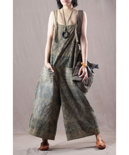 2023 female new autumn plus size literary and leisure cotton print casual bib wide-leg denim loose pant $92.05 - Jeans