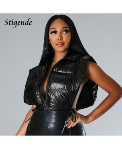 Stigende Golden Puffer Vest Parkas Women Zipper Shiny Hooded Waistcoat Bandage Side Split Sleeveless Crop Tank Tops Coat Jack...