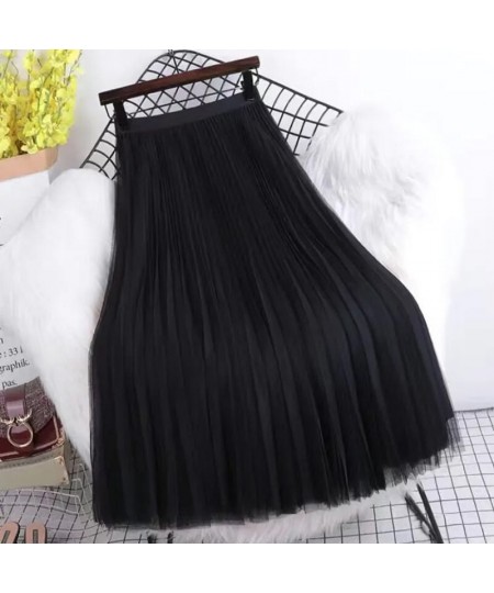 Korean Style Women's Skirt High Waist Long Tulle Skirt Pleated Black Midi Maxi Skirt Women Autumn Summer Elastic Mesh Tutu $2...