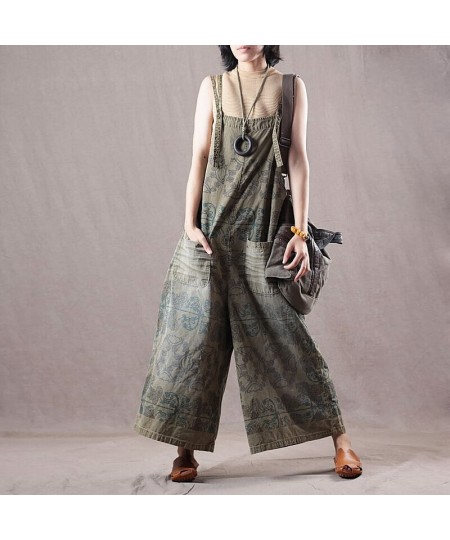 2023 female new autumn plus size literary and leisure cotton print casual bib wide-leg denim loose pant $92.05 - Jeans