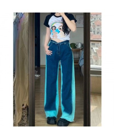 2022 Blue bump color jeans for women fall design gradual change of burr edge high waist loose wide leg straight cut pants tid...