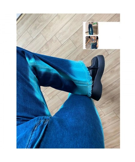 2022 Blue bump color jeans for women fall design gradual change of burr edge high waist loose wide leg straight cut pants tid...