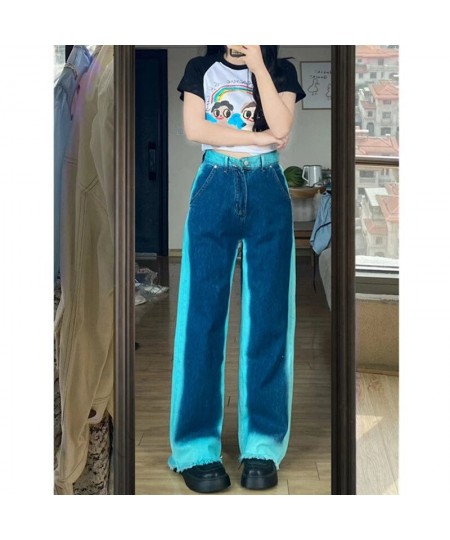 2022 Blue bump color jeans for women fall design gradual change of burr edge high waist loose wide leg straight cut pants tid...