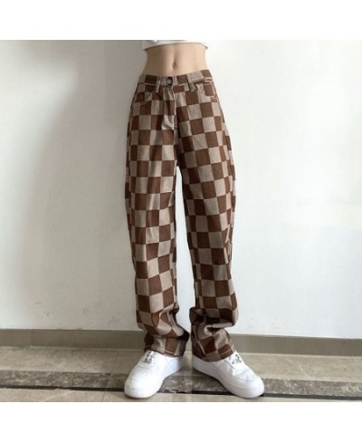 Streetwear Plaid Jeans Women Vintage Contrast Color Checkerboard Straight Trousers Casual All-match Baggy Denim Pants 한국 여성 옷...