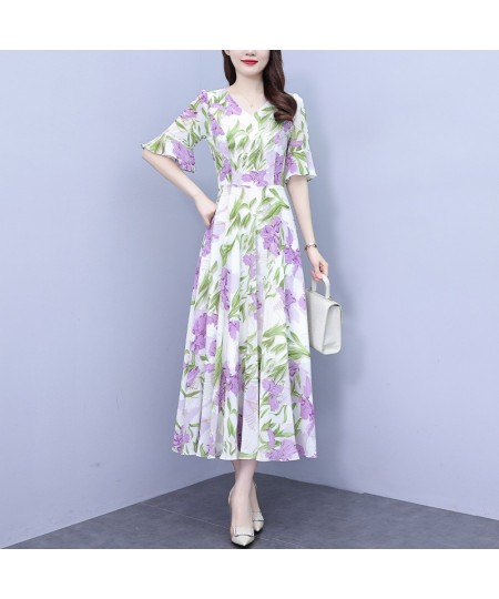 Spring And Summer 2023 New Mulberry Silk Satin Dress V-Neck Long-Sleeved Japanese Floral Waist Show Thin Large Swing Skirt $5...