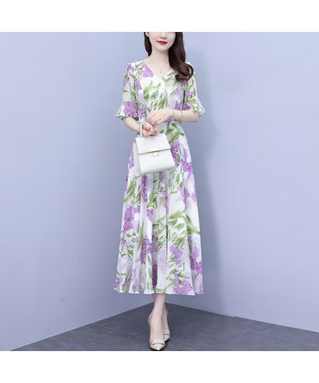 Spring And Summer 2023 New Mulberry Silk Satin Dress V-Neck Long-Sleeved Japanese Floral Waist Show Thin Large Swing Skirt $5...