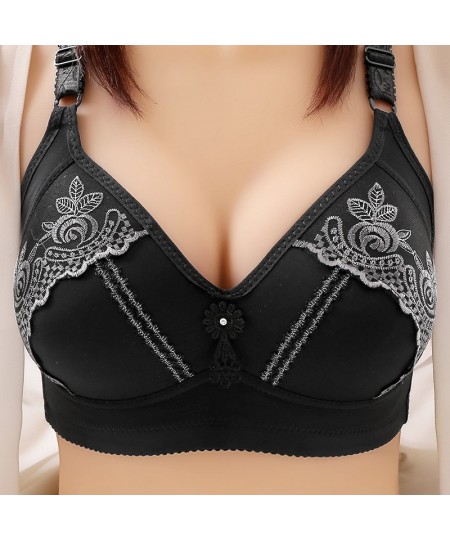 Triple Breasted Lace Traditional Embroidery Women Wireless Bra Large Size D Cup Gather Push Up Steel Rimless Bras Sexy Linger...