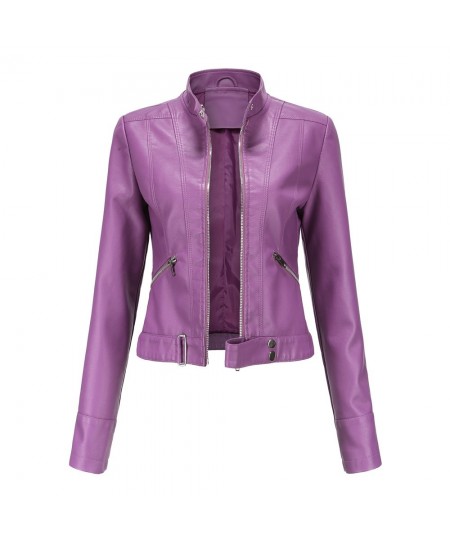 Women Faux Leather Jacket Autumn Spring Moto Biker Zipper Jacket Purple Violet Red Coffee 2023 Coat Fashion Veste Cuir Femme ...