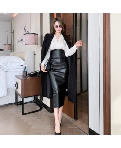 Fall/winter 2022 new black high-waist bag hips slim look thin PU leather mid-length skirt step 5528 $66.53 - Bottoms