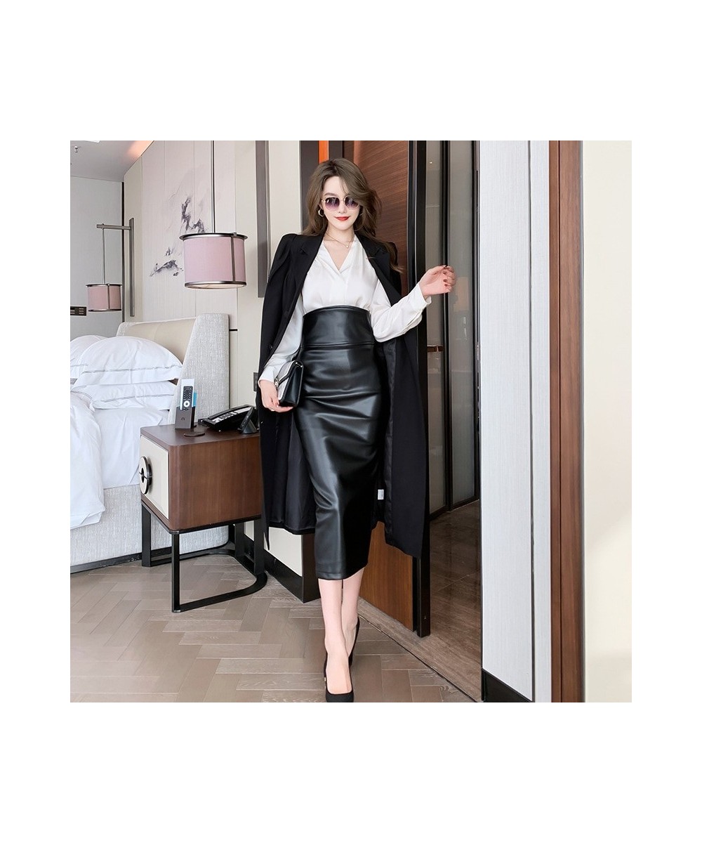 Fall/winter 2022 new black high-waist bag hips slim look thin PU leather mid-length skirt step 5528 $66.53 - Bottoms