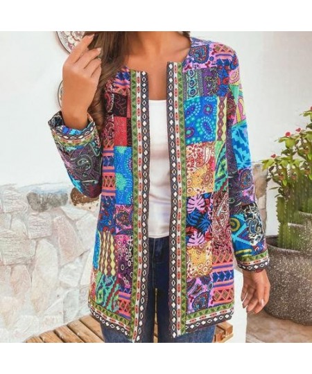 6XL Jacket Coat Women Fashion Autumn Winter Ethnic Floral Print Long Sleeve Loose Jacket Coat Cardigan Loose Outerwear Chic T...