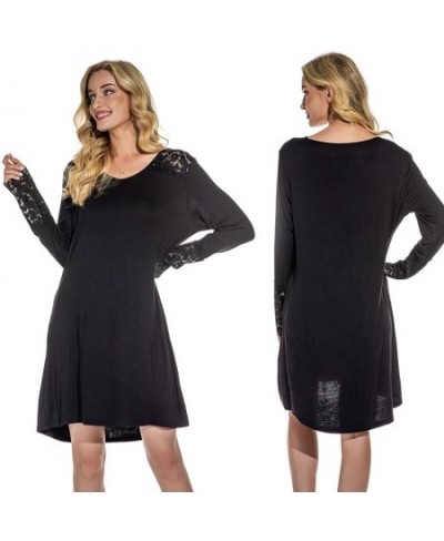 Women's Solid Color Knitted Cotton Long-Sleeved Nightgown Sexy Lace Cuffs Crewneck Nightdress Loose Casual Home Clothes $38.7...