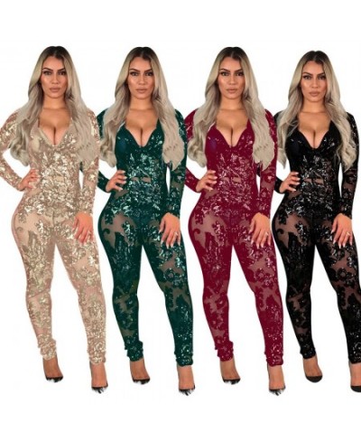 Women Sequins Jumpsuit Romper Gold Elegant 2023 New See Through Romper Long Sleeve Bodycon Sexy Mesh Glitter Club Jumpsuits $...