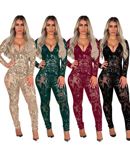 Women Sequins Jumpsuit Romper Gold Elegant 2023 New See Through Romper Long Sleeve Bodycon Sexy Mesh Glitter Club Jumpsuits $...