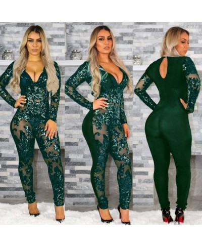 Women Sequins Jumpsuit Romper Gold Elegant 2023 New See Through Romper Long Sleeve Bodycon Sexy Mesh Glitter Club Jumpsuits $...