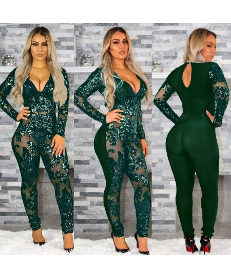 Women Sequins Jumpsuit Romper Gold Elegant 2023 New See Through Romper Long Sleeve Bodycon Sexy Mesh Glitter Club Jumpsuits $...