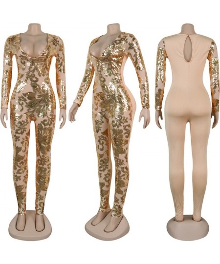 Women Sequins Jumpsuit Romper Gold Elegant 2023 New See Through Romper Long Sleeve Bodycon Sexy Mesh Glitter Club Jumpsuits $...