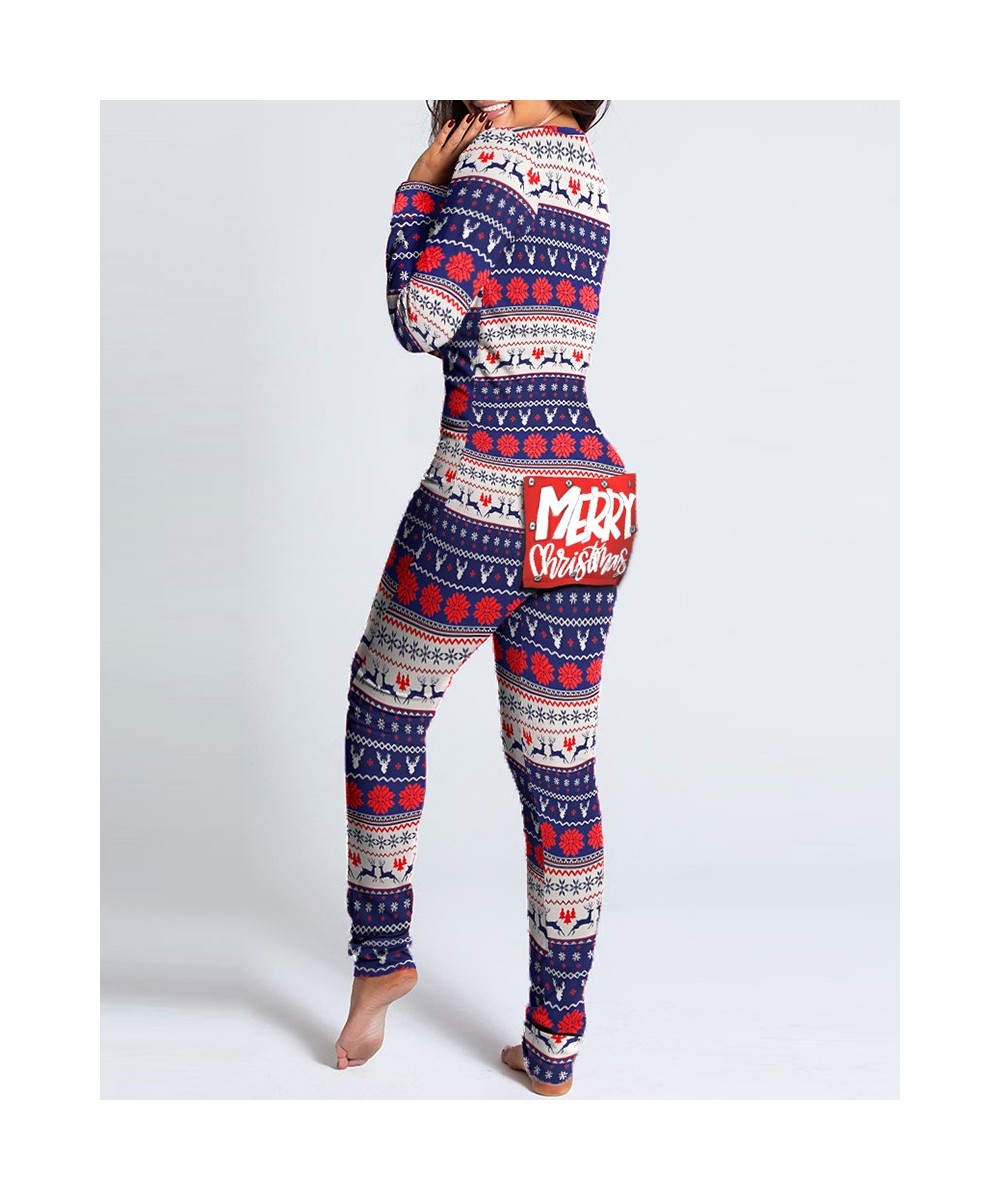 2023 Women Fashion Elegant Casual Christmas Letter Print Functional Buttoned Flap Adults Pajamas $39.99 - Jumpsuits