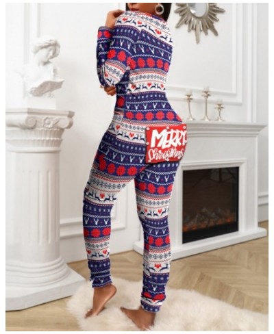 2023 Women Fashion Elegant Casual Christmas Letter Print Functional Buttoned Flap Adults Pajamas $39.99 - Jumpsuits