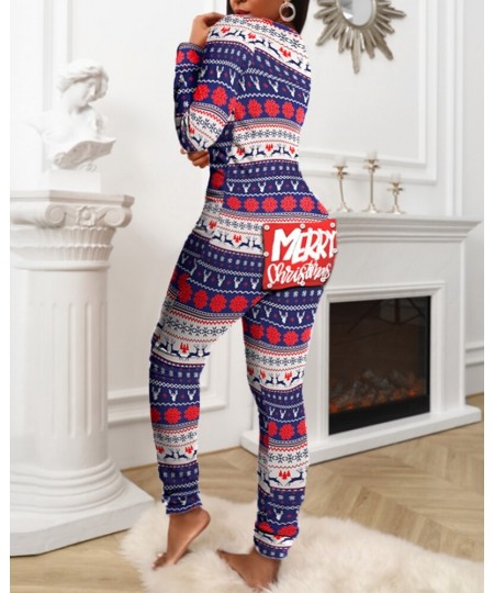 2023 Women Fashion Elegant Casual Christmas Letter Print Functional Buttoned Flap Adults Pajamas $39.99 - Jumpsuits