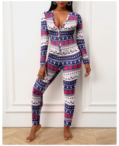 2023 Women Fashion Elegant Casual Christmas Letter Print Functional Buttoned Flap Adults Pajamas $39.99 - Jumpsuits