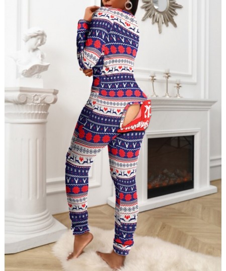 2023 Women Fashion Elegant Casual Christmas Letter Print Functional Buttoned Flap Adults Pajamas $39.99 - Jumpsuits