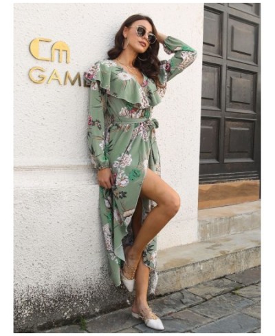 Dress for Women Spring Summer Style V-neck Fashionable Split Long Skirt Printed Women's Dress Streetwear Long Sleeve Dresses ...