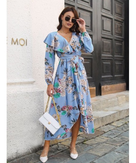 Dress for Women Spring Summer Style V-neck Fashionable Split Long Skirt Printed Women's Dress Streetwear Long Sleeve Dresses ...