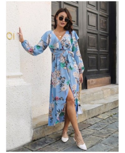 Dress for Women Spring Summer Style V-neck Fashionable Split Long Skirt Printed Women's Dress Streetwear Long Sleeve Dresses ...