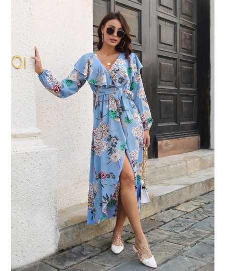 Dress for Women Spring Summer Style V-neck Fashionable Split Long Skirt Printed Women's Dress Streetwear Long Sleeve Dresses ...