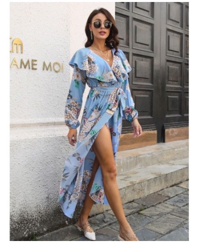 Dress for Women Spring Summer Style V-neck Fashionable Split Long Skirt Printed Women's Dress Streetwear Long Sleeve Dresses ...