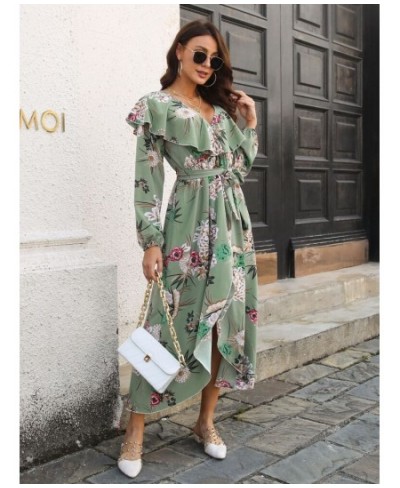 Dress for Women Spring Summer Style V-neck Fashionable Split Long Skirt Printed Women's Dress Streetwear Long Sleeve Dresses ...