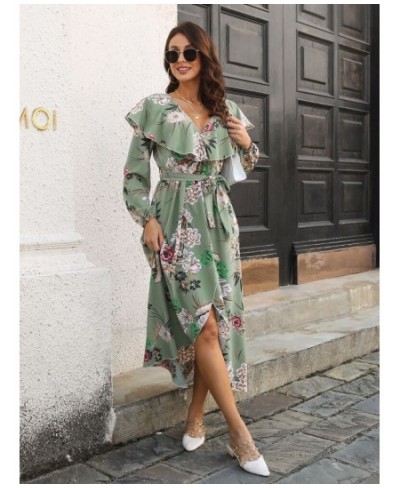 Dress for Women Spring Summer Style V-neck Fashionable Split Long Skirt Printed Women's Dress Streetwear Long Sleeve Dresses ...