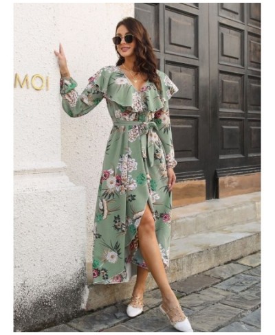 Dress for Women Spring Summer Style V-neck Fashionable Split Long Skirt Printed Women's Dress Streetwear Long Sleeve Dresses ...