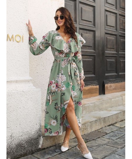 Dress for Women Spring Summer Style V-neck Fashionable Split Long Skirt Printed Women's Dress Streetwear Long Sleeve Dresses ...